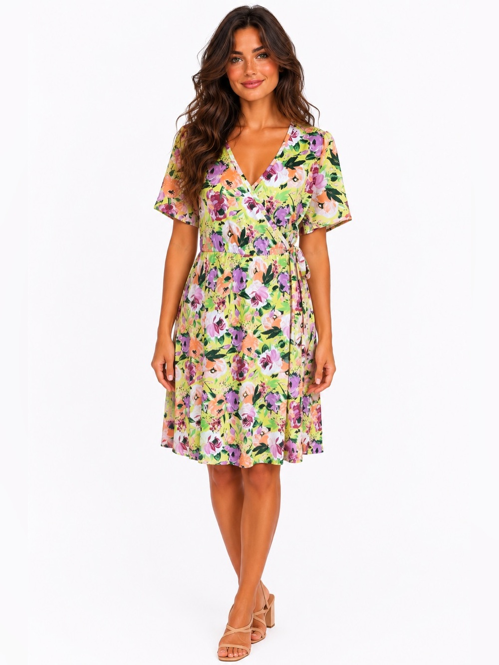Dora & Agnes Floral Wrap Dress Yellow Pink Garden Party Cottagecore Size M